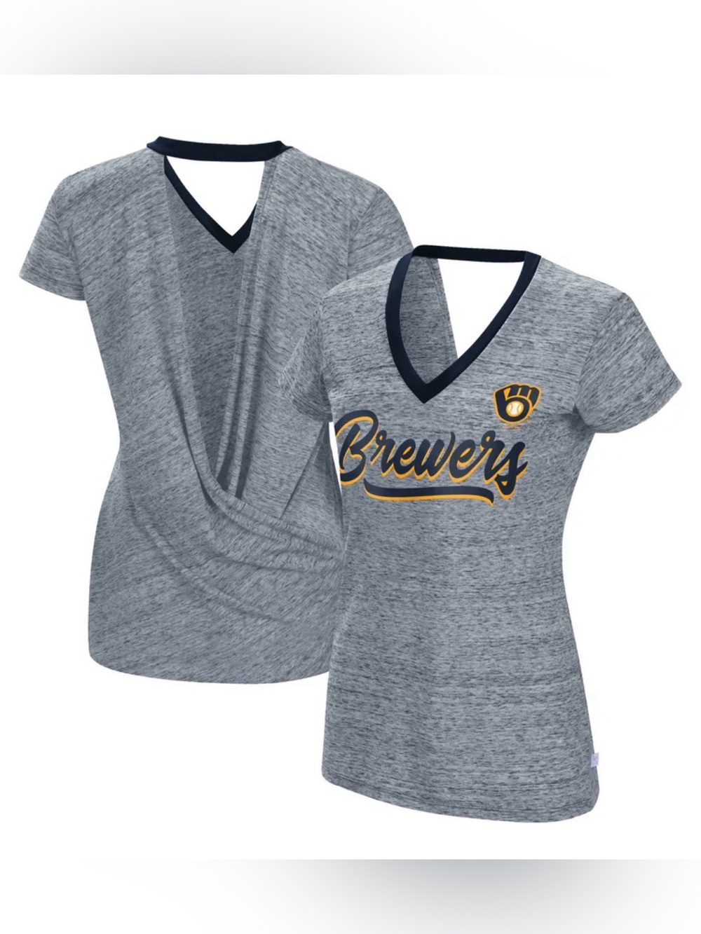 Milwaukee Brewers Touch Women's Halftime Back Wrap Top V-Neck T-Shirt NWT Size L